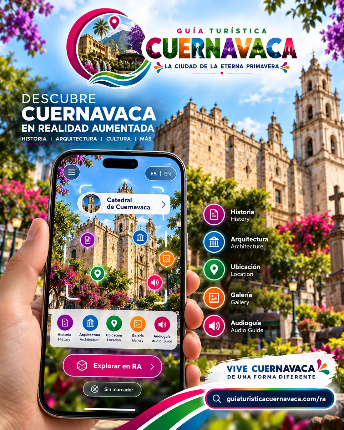 Diseño promocional conceptual de la Guía Turística Cuernavaca con una experiencia de realidad aumentada